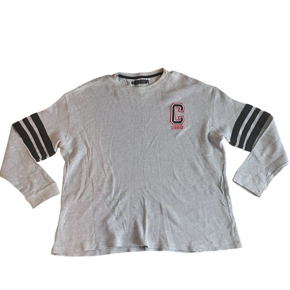 COOGI Men's Size 3XL Gray Henley Preppy Waffle Knit Long Sleeve Stripe Logo